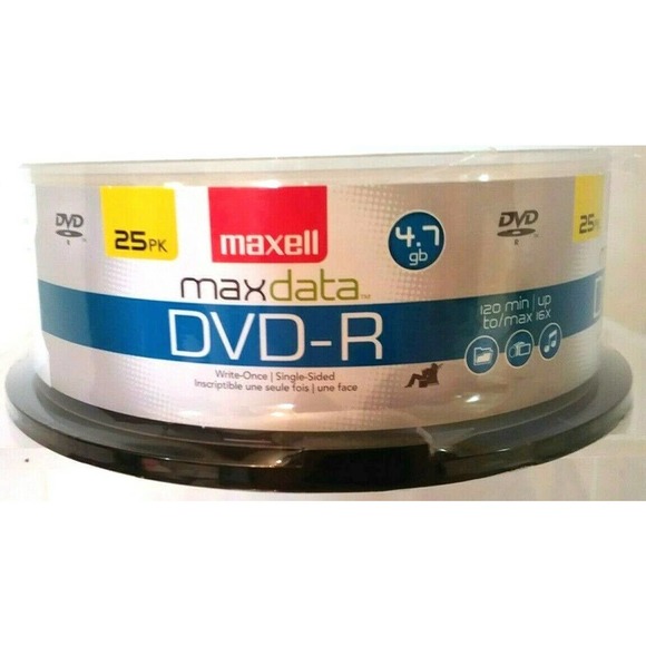 Maxell Max Data DVD-R Disc 4.7GB 16X 120 Minute 25 Pack Data Voice Music Sealed - Picture 1 of 7